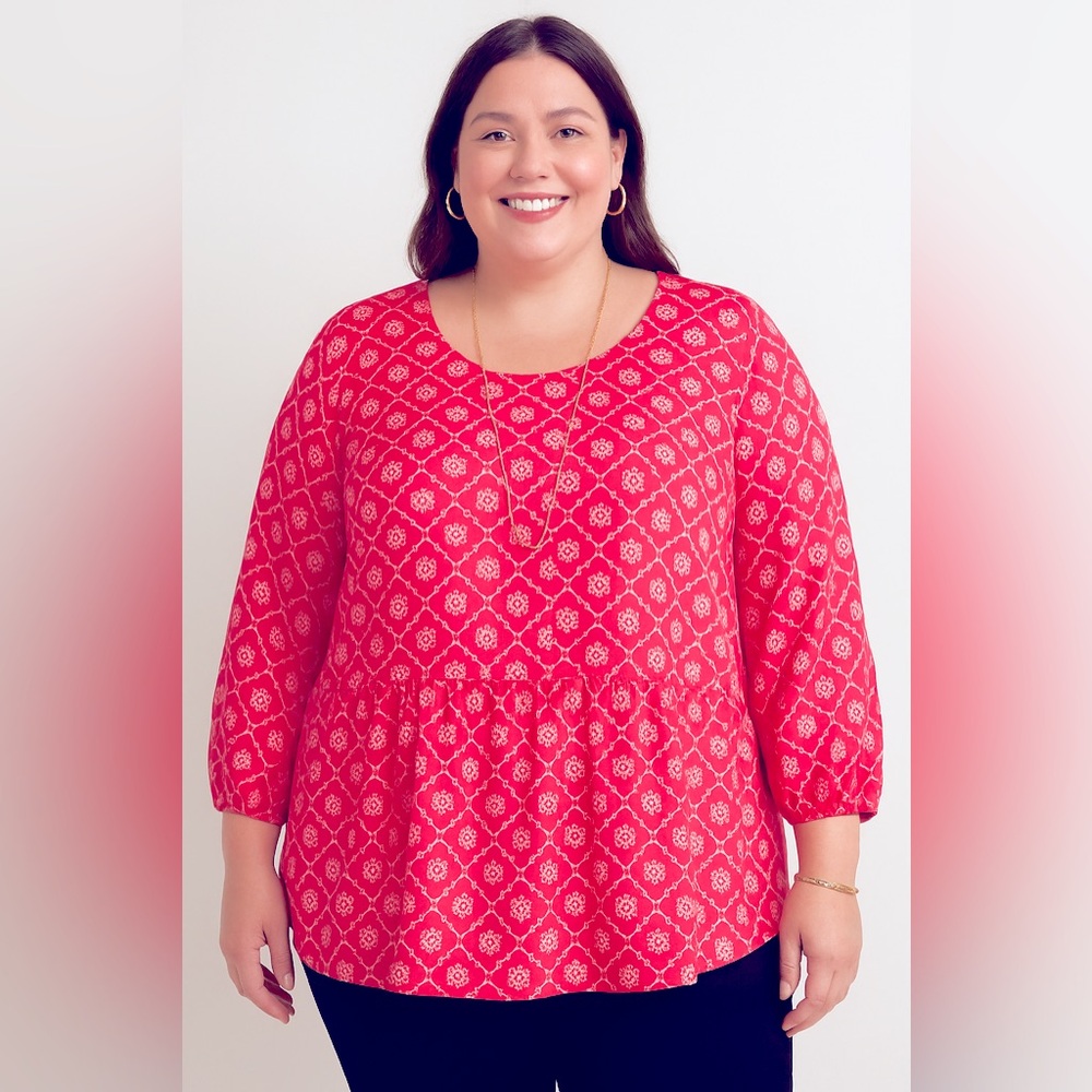 Women's 2X Pink Peplum Top 3/4 Puff Sleeve Blouse Plus Size Olivia & Martin NWT